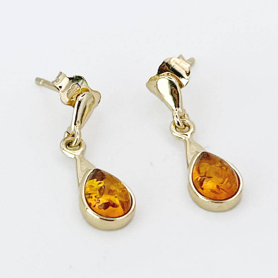 14ct Gold Natural Baltic Amber Drop Earrings