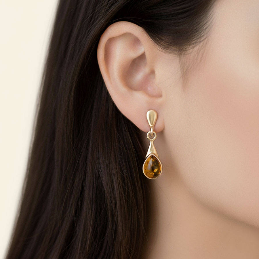 14ct Gold Natural Baltic Amber Drop Earrings