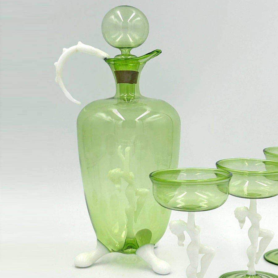 Art Deco Bimini Lauscha Dancer Glass Decanter Set Austria 1920