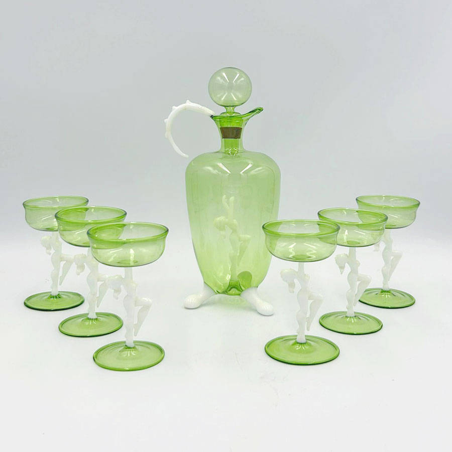 Art Deco Bimini Lauscha Dancer Glass Decanter Set Austria 1920