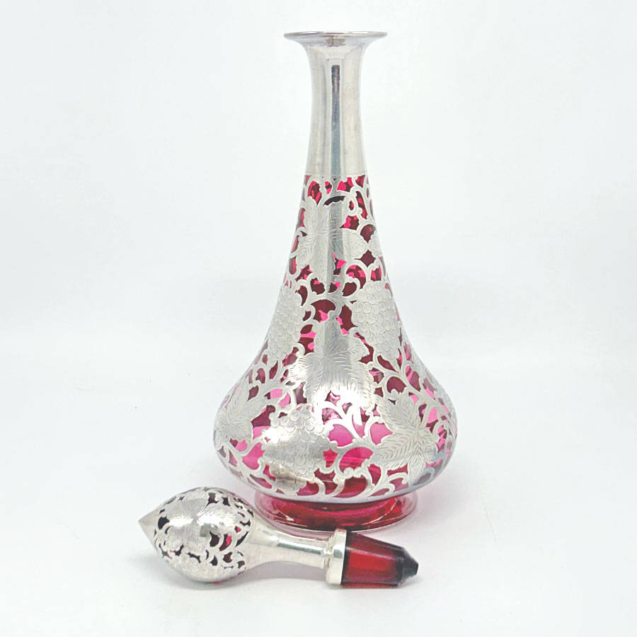 Art Nouveau Cranberry Glass Silver Overlay Decanter C1910