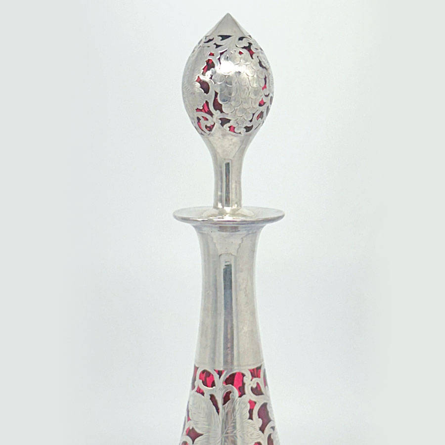 Art Nouveau Cranberry Glass Silver Overlay Decanter C1910