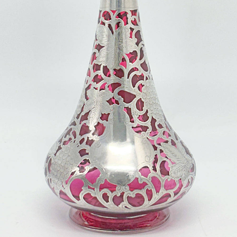 Art Nouveau Cranberry Glass Silver Overlay Decanter C1910