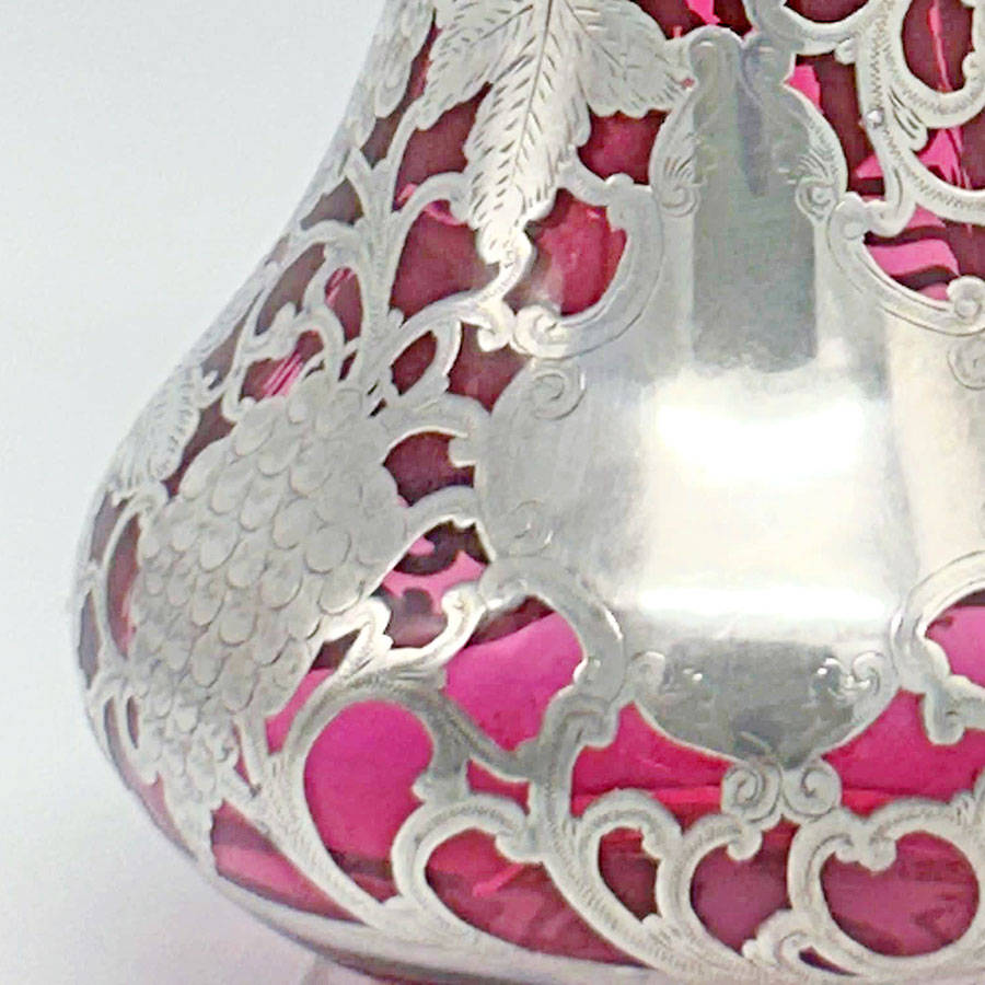 Art Nouveau Cranberry Glass Silver Overlay Decanter C1910