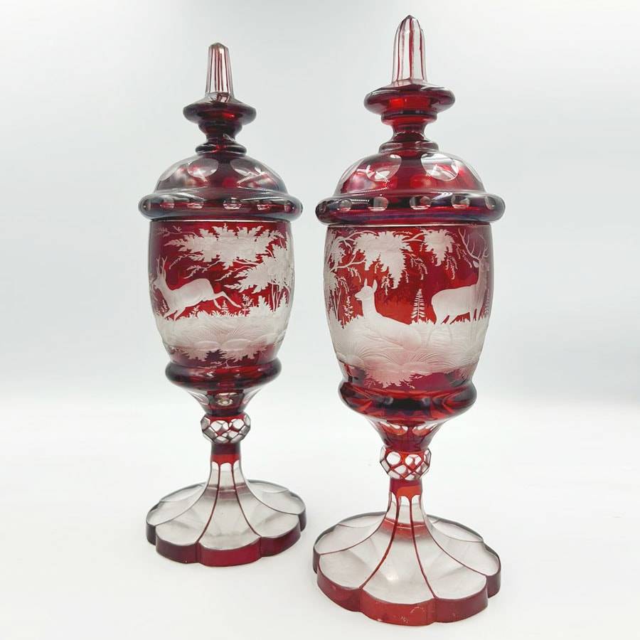 Bohemian Glass Pair Ruby Over Lay Cut To Clear Deer Forest Scene Urns 19th