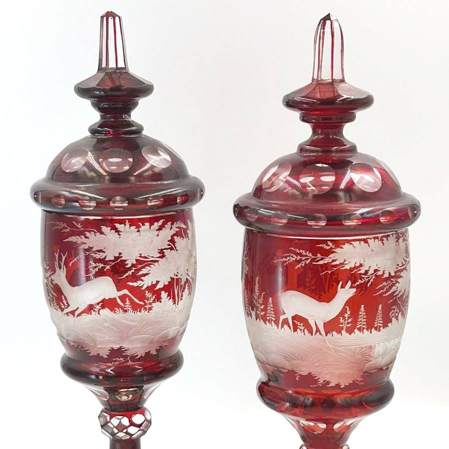 Bohemian Glass Pair Ruby Over Lay Cut To Clear Deer Forest Scene Urns 19th