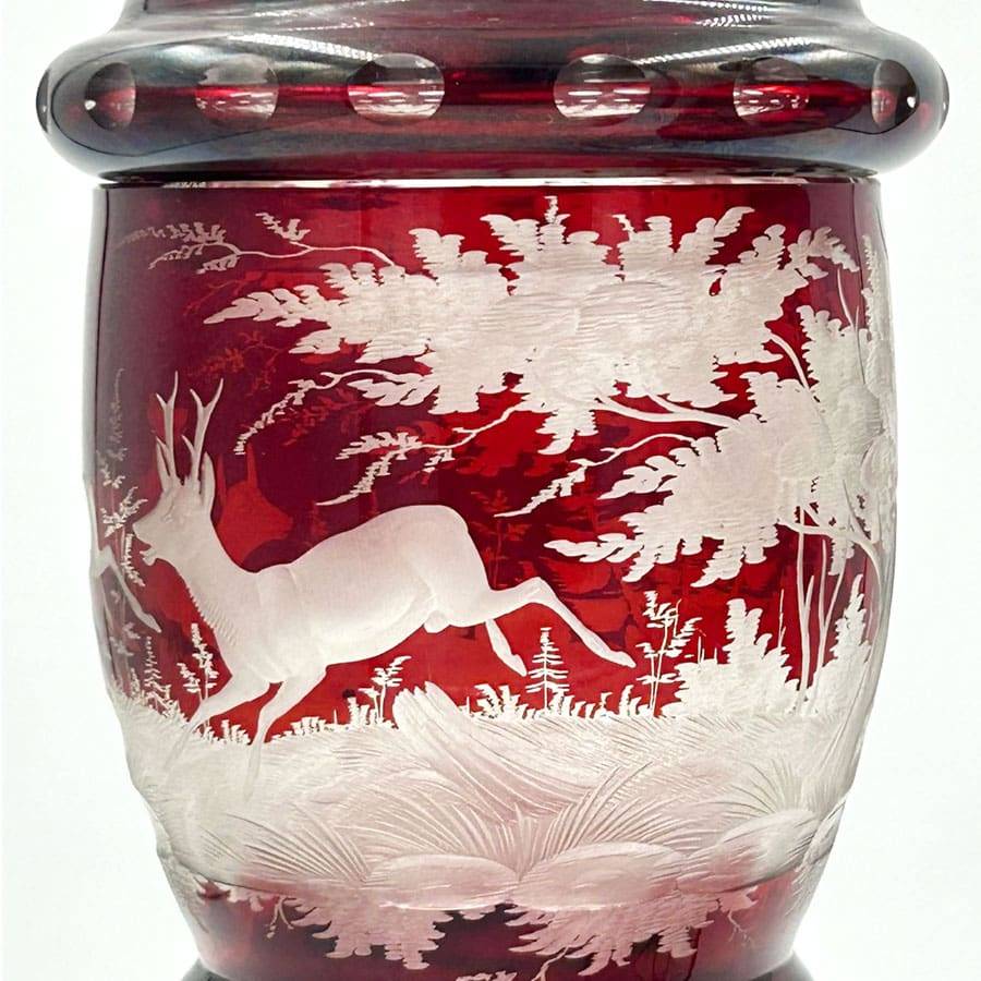 Bohemian Glass Pair Ruby Over Lay Cut To Clear Deer Forest Scene Urns 19th