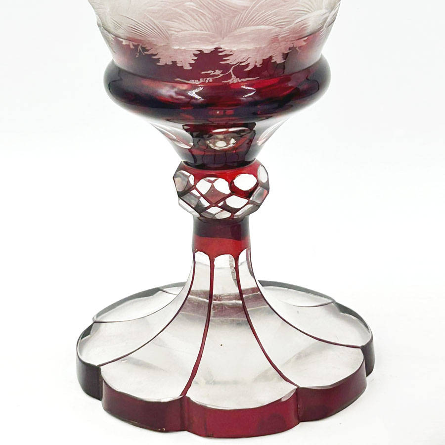 Bohemian Glass Pair Ruby Over Lay Cut To Clear Deer Forest Scene Urns 19th
