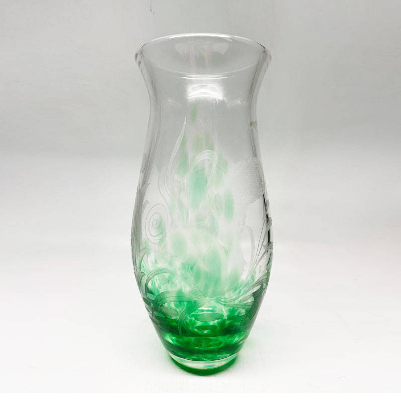 Green Art Glass Vase Etched Maiden William Walker