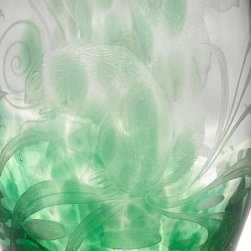 Green Art Glass Vase Etched Maiden William Walker