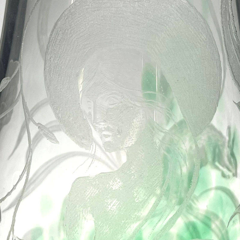 Green Art Glass Vase Etched Maiden William Walker