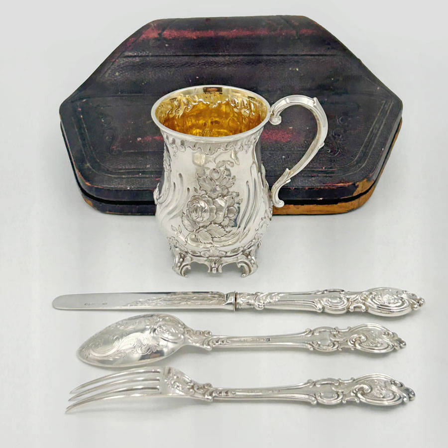 Hallmarked Silver Christening Boxed Set Martin Hall Sheffield 1879