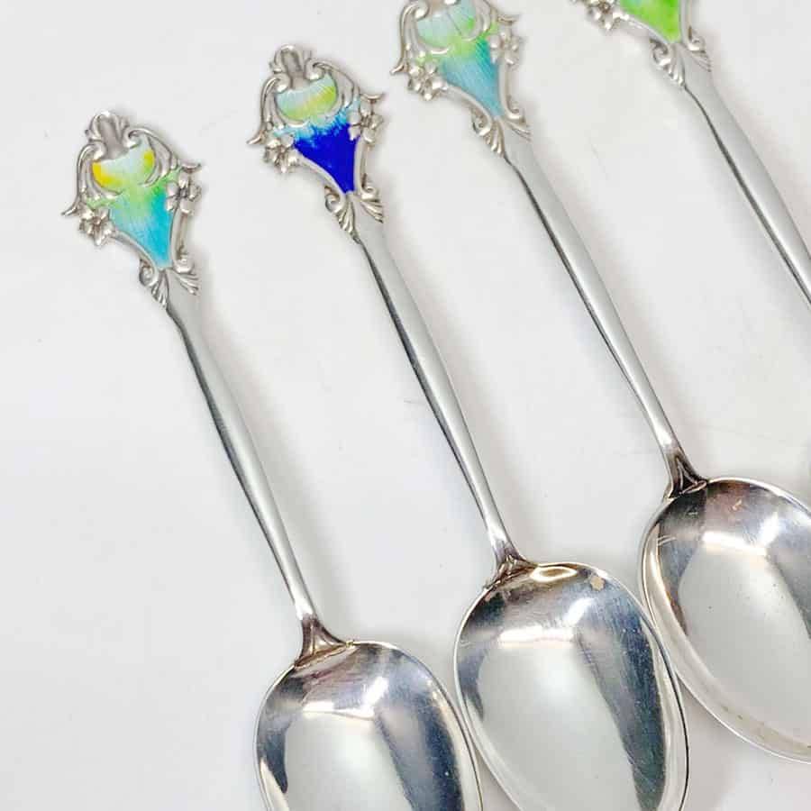 Hallmarked Silver Art Nouveau Enamel Spoons Birmingham 1914