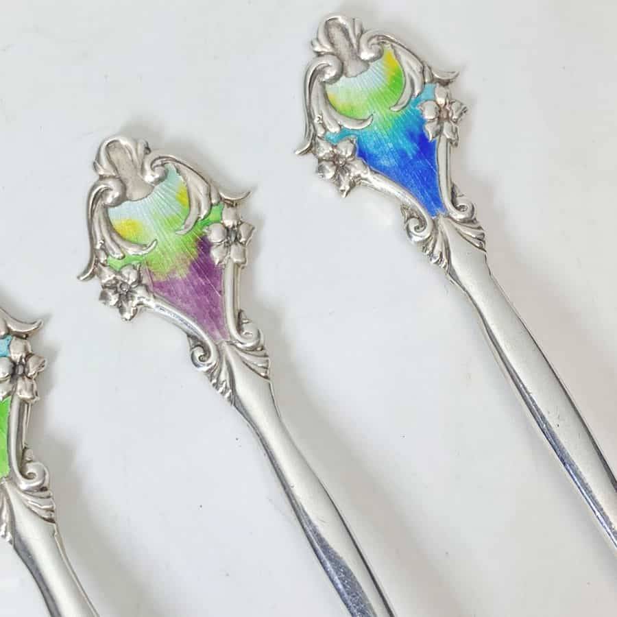 Hallmarked Silver Art Nouveau Enamel Spoons Birmingham 1914