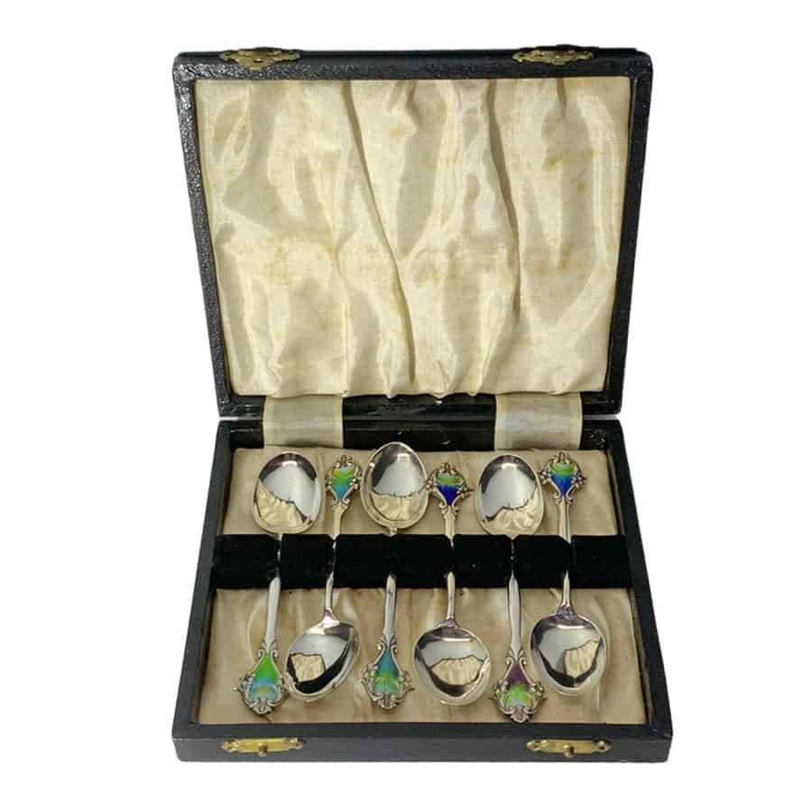 Hallmarked Silver Art Nouveau Enamel Spoons Birmingham 1914