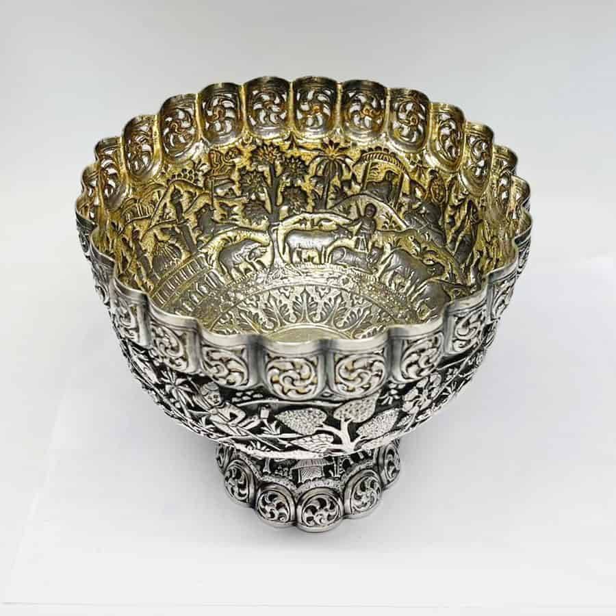 Indian Coin Silver Rose Bowl Animal Detail