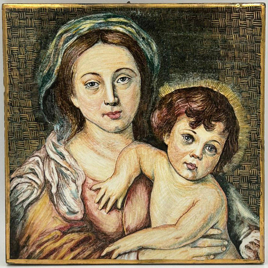 Italian Mary and Jesus Hand Painted Terracotta Wall Tile 20th