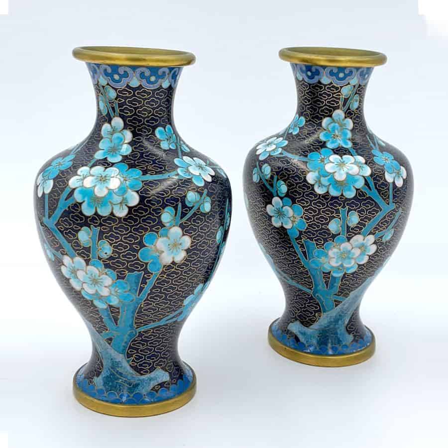Pair Chinese Cloisonné Vases Apple Blossoms