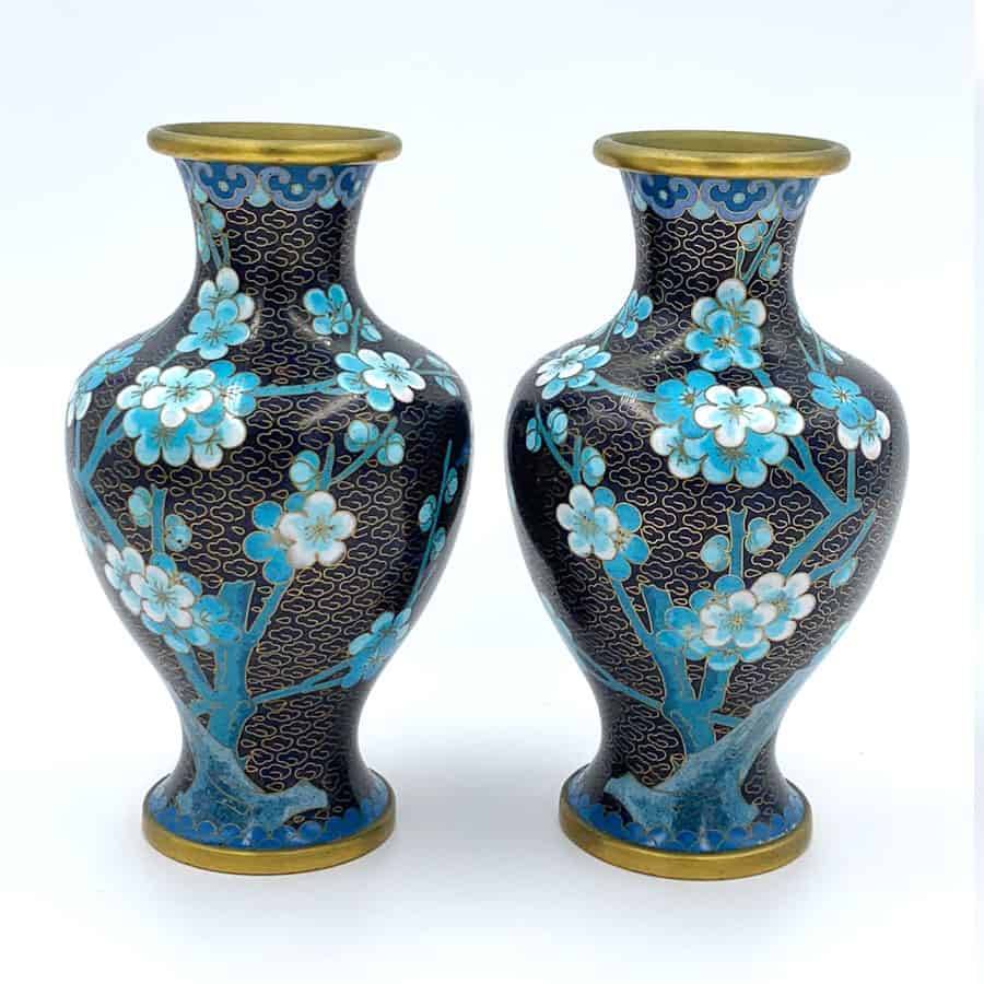 Pair Chinese Cloisonné Vases Apple Blossoms