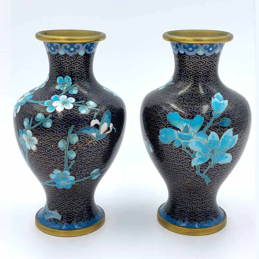 Pair Chinese Cloisonné Vases Apple Blossoms