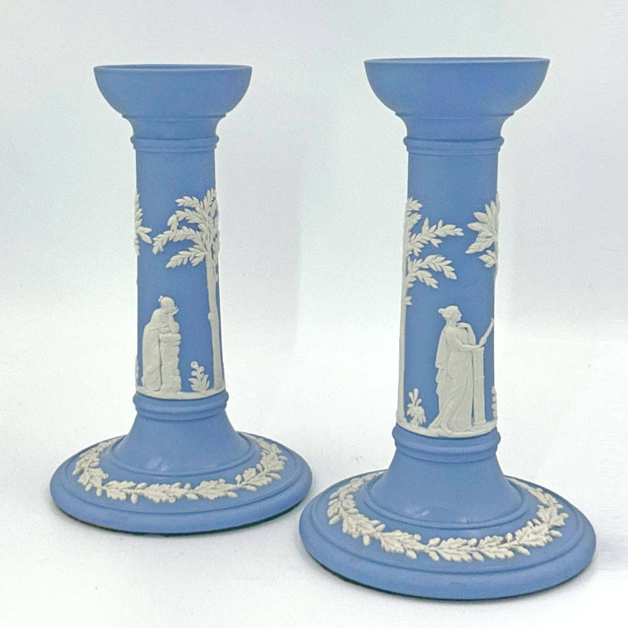 Wedgwood Blue Jasperware Pair Candlesticks