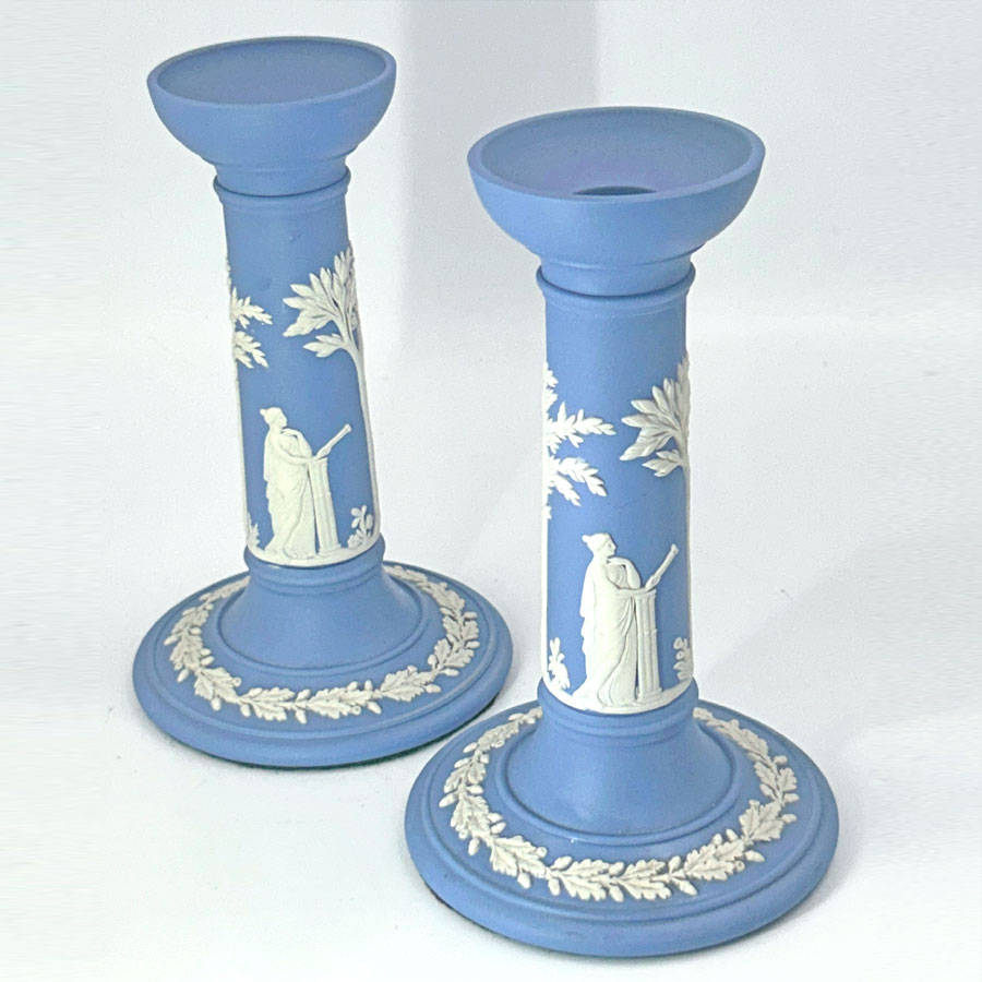 Wedgwood Blue Jasperware Pair Candlesticks
