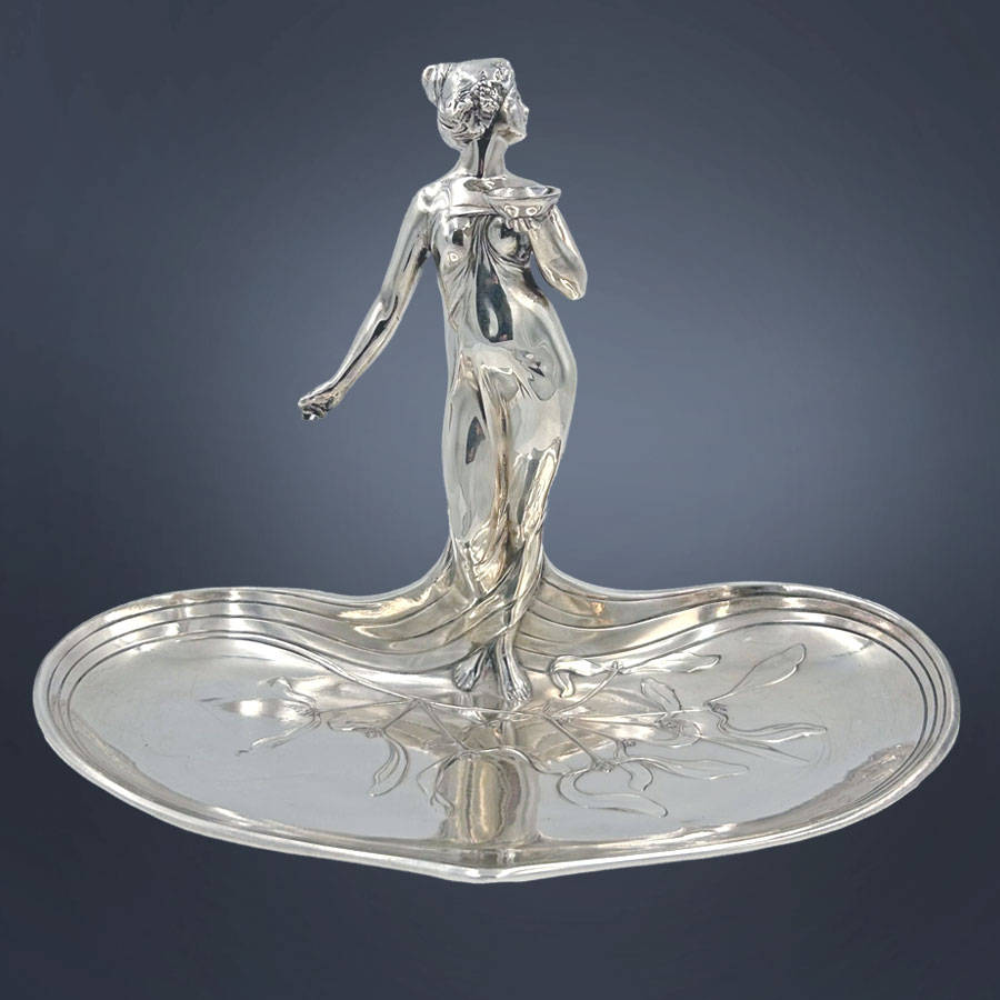 WMF Silvered Art Nouveau Maiden Card Tray C1910
