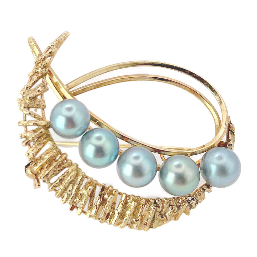 14ct Gold and Grey Blue Pearl Crescent Brooch