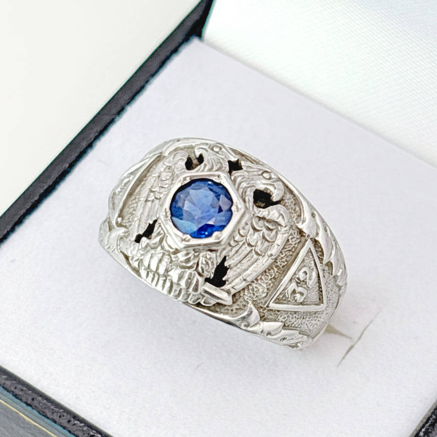 14ct White Gold Masonic Level 32 Ring with Sapphire