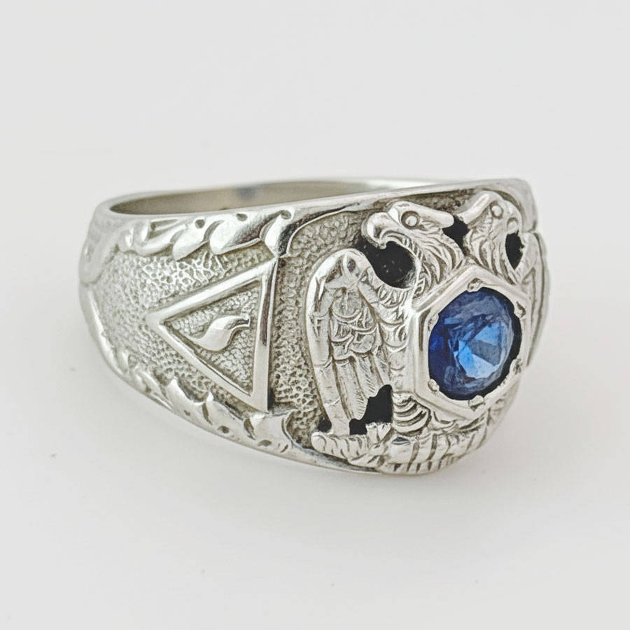 14ct White Gold Masonic Level 32 Ring with Sapphire