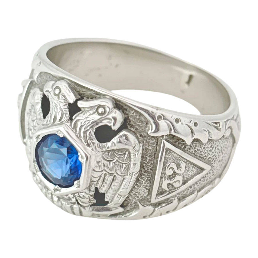 14ct White Gold Masonic Level 32 Ring with Sapphire