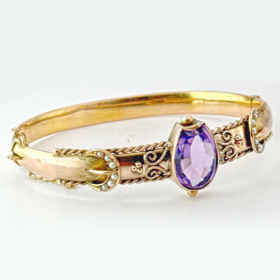 Victorian Style Bangle Set With Horse Shoe Amethyst and Seed Pearl 9ct C1936