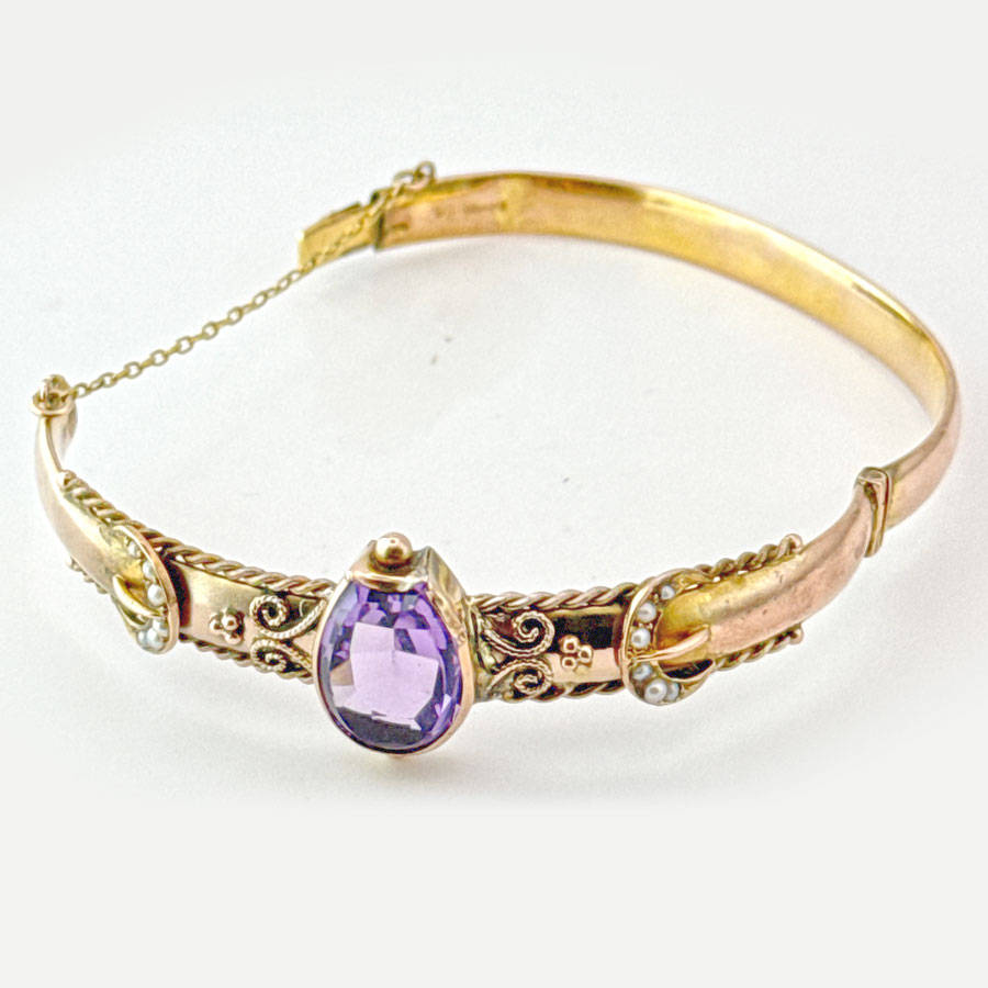 Victorian Style Bangle Set With Horse Shoe Amethyst and Seed Pearl 9ct C1936