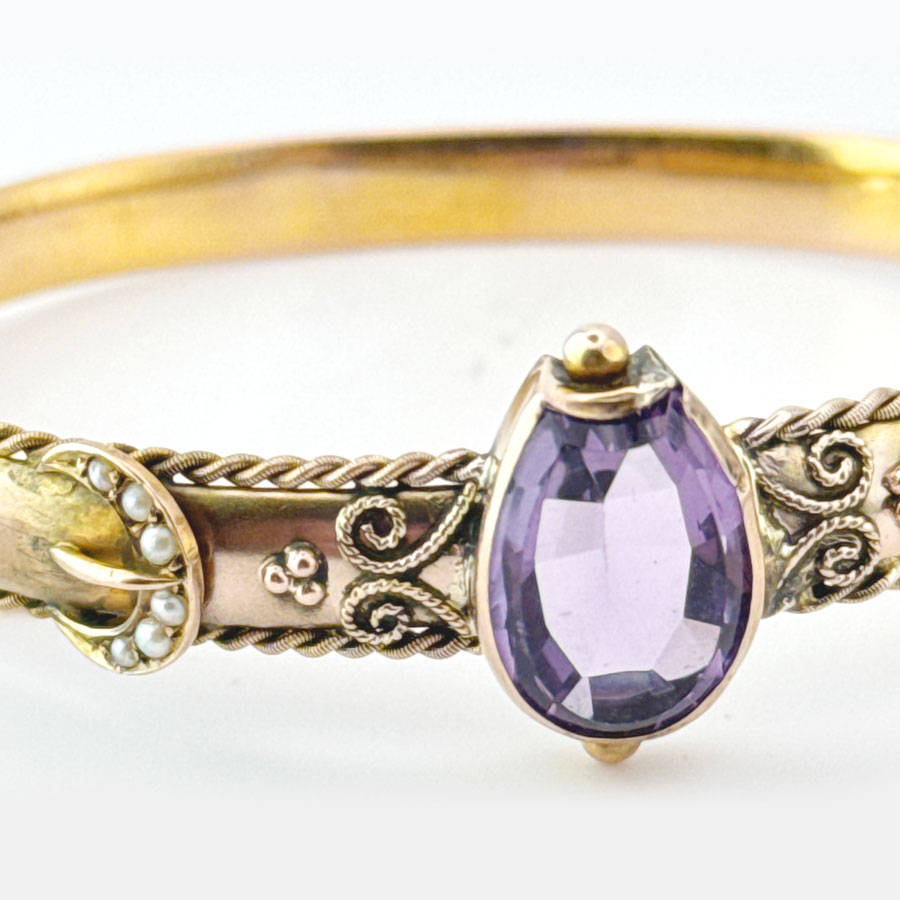 Victorian Style Bangle Set With Horse Shoe Amethyst and Seed Pearl 9ct C1936
