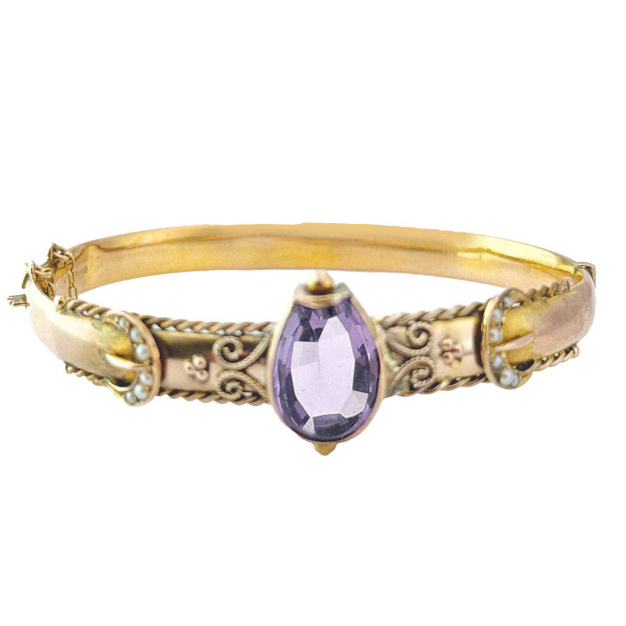 Victorian Style Bangle Set With Horse Shoe Amethyst and Seed Pearl 9ct C1936