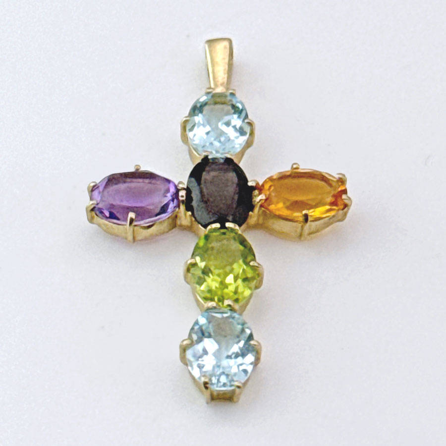 9ct Gold Multi Gemstones Crucifix Pendant