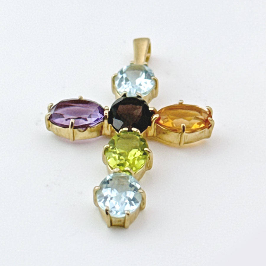 9ct Gold Multi Gemstones Crucifix Pendant