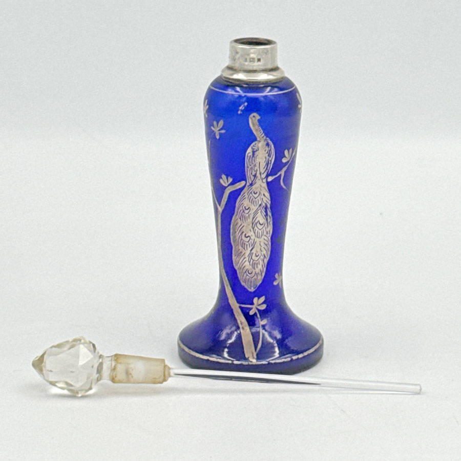 Hallmarked Silver Rim Cobalt Blue Glass With Silver Overlay Peacock