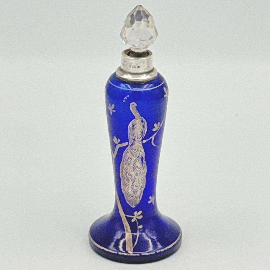Hallmarked Silver Rim Cobalt Blue Glass With Silver Overlay Peacock