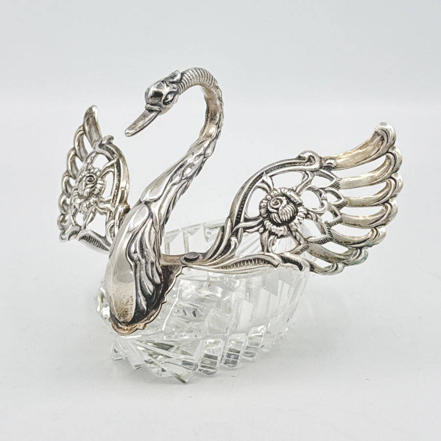 Antique 835 Silver And Cut Glass Medium Salt Swan