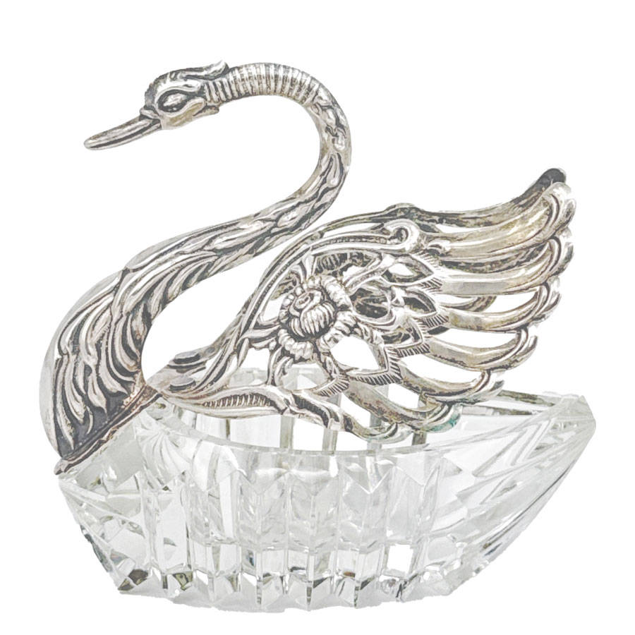 Antique 835 Silver And Cut Glass Medium Salt Swan