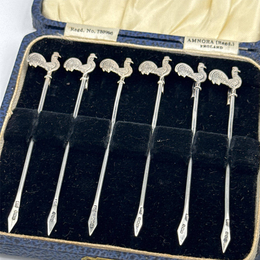 Hallmarked Silver Boxed Set Rooster Cocktail Sticks Birmingham 1936 Art Deco