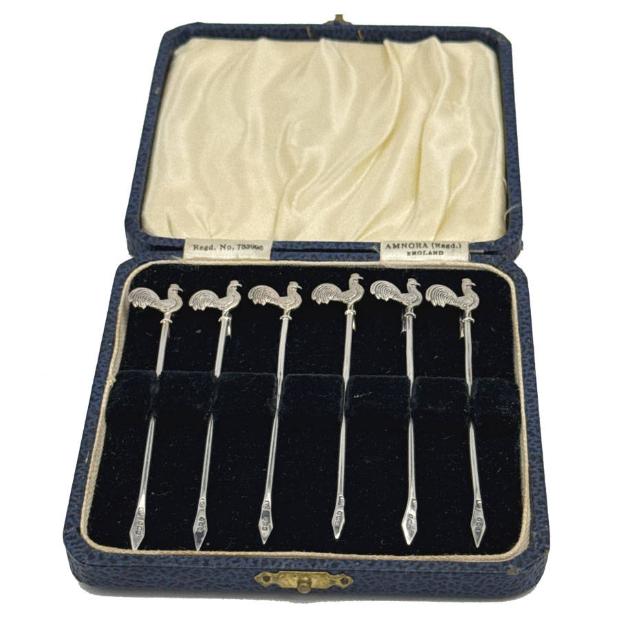 Hallmarked Silver Boxed Set Rooster Cocktail Sticks Birmingham 1936 Art Deco