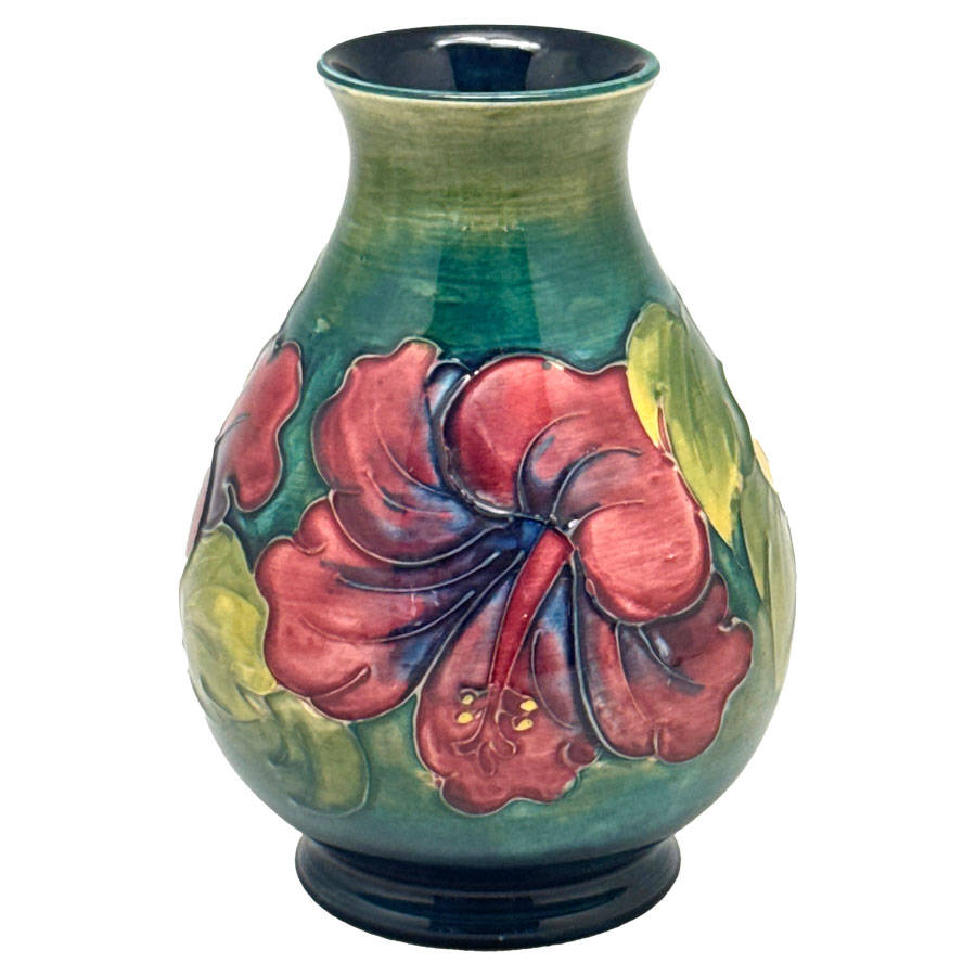 Moorcroft Hibiscus Vase On Green Ground C1970