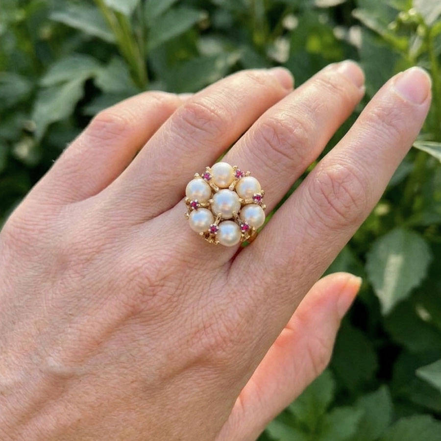 14ct Gold Pearl Cluster & Ruby Ring