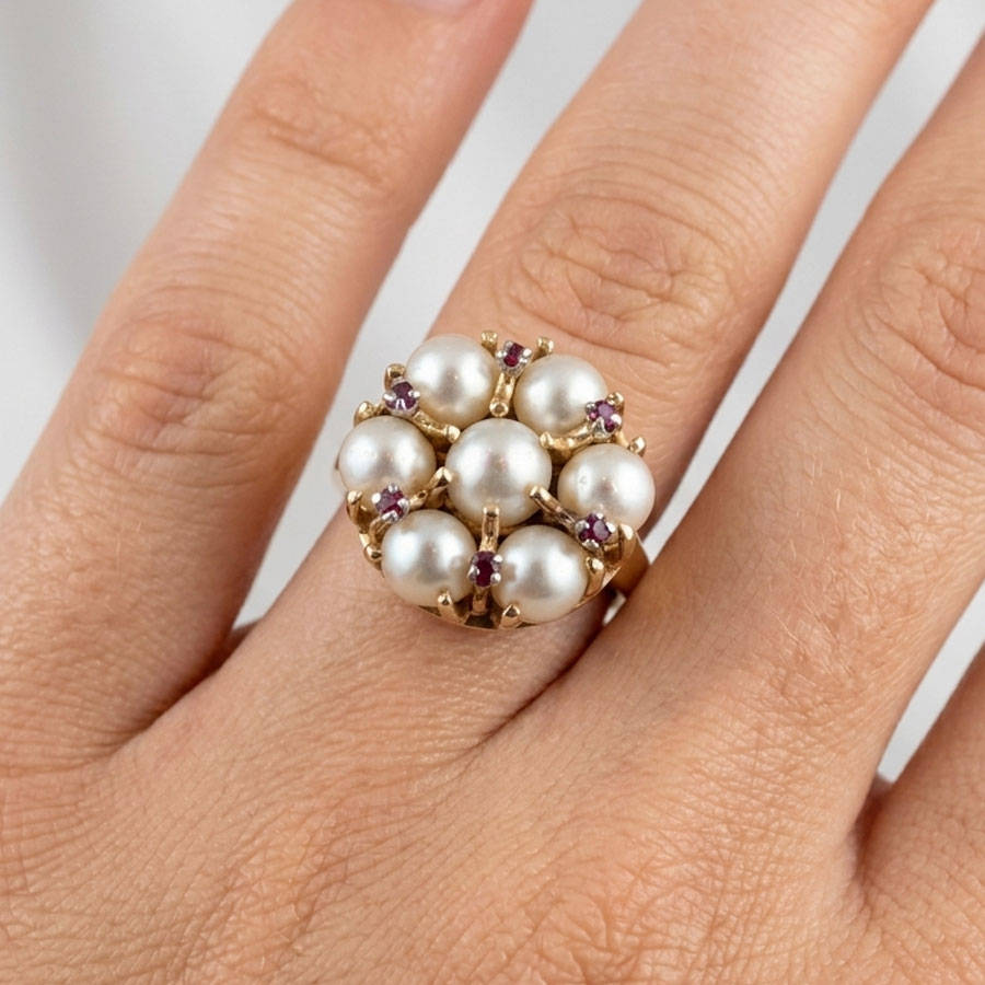 14ct Gold Pearl Cluster & Ruby Ring