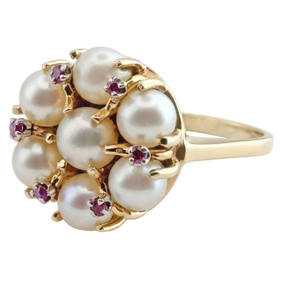 14ct Gold Pearl Cluster & Ruby Ring