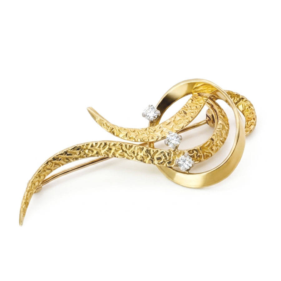 18ct Gold And Diamond Swirl Design Brooch C1970