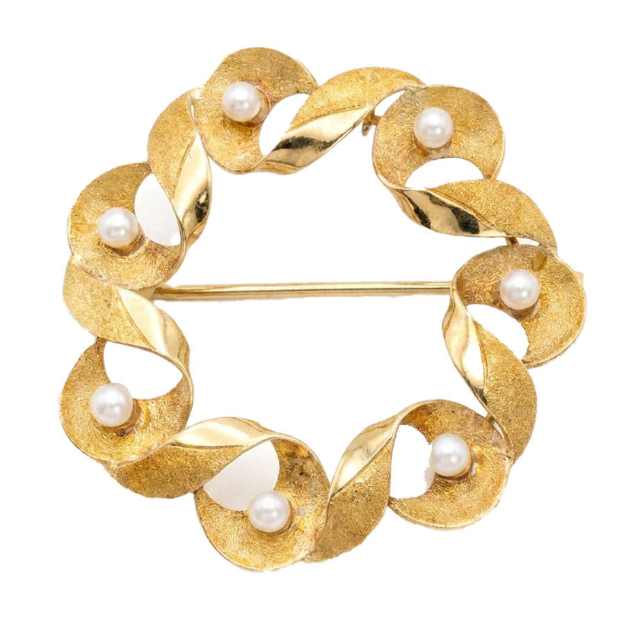 18ct Gold And Pearl Scrolled Wave Design Brooch