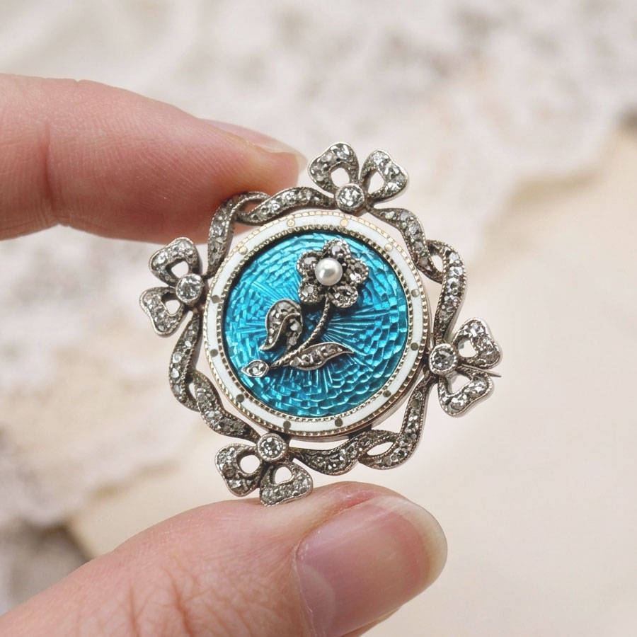 9ct Gold Victorian Remembrance Brooch Turquoise Guilloche Enamel and Diamonds